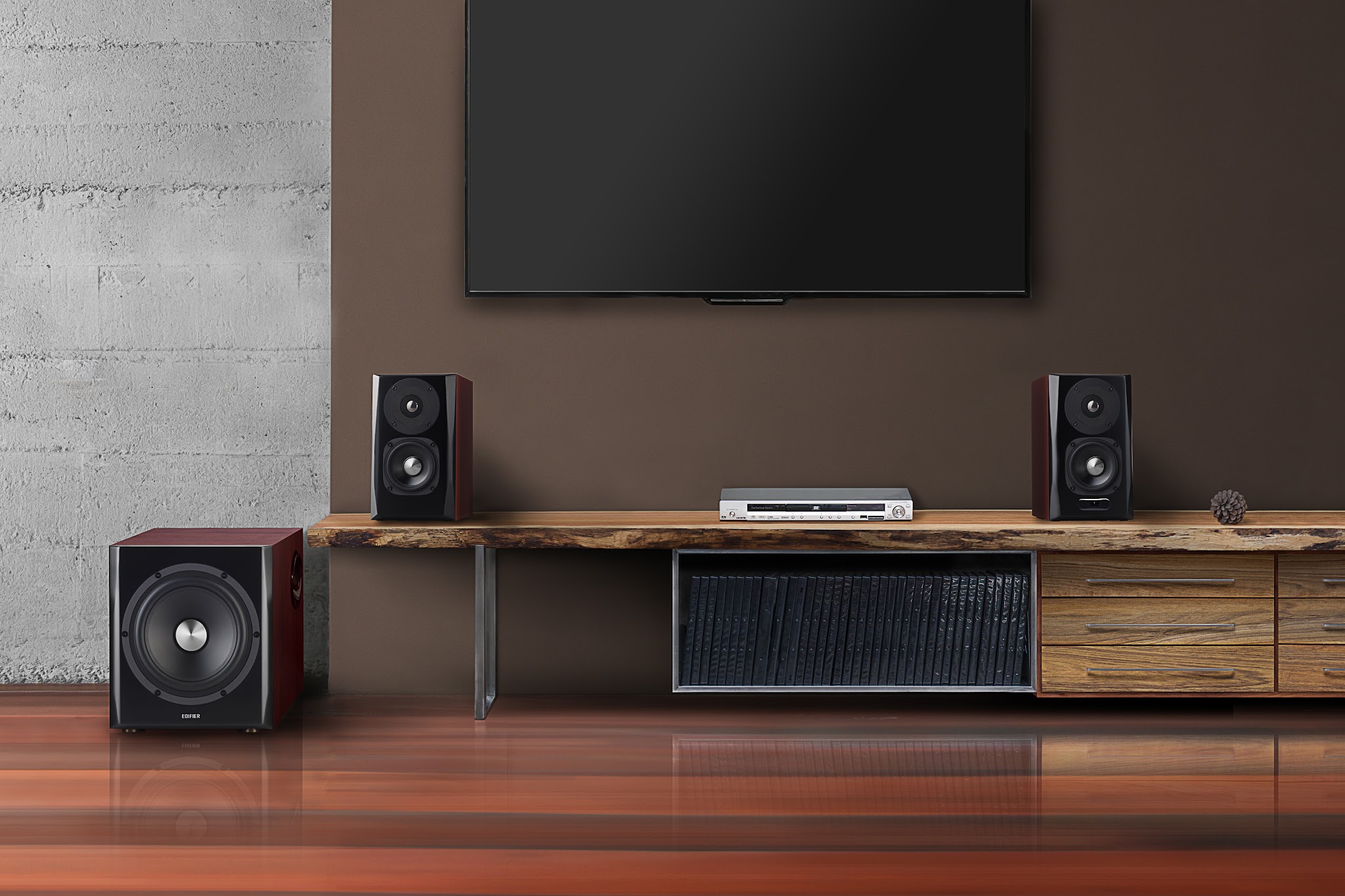 Home audio products in a living room retail scene